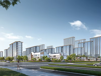 Modern Residential Buildings With Green Spaces Roads And Pedestrians Under Clear Sky 3d model