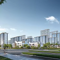 Modern Residential Buildings With Green Spaces Roads And Pedestrians Under Clear Sky