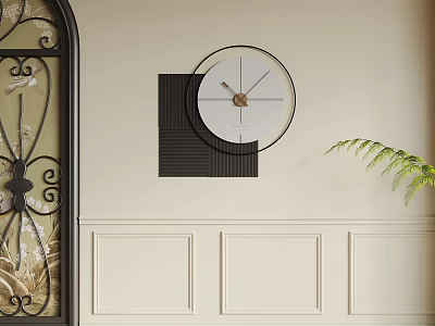 Black White Geometric Clock On Off White Wall With Wrought Iron Arch And Green Plant 3d model