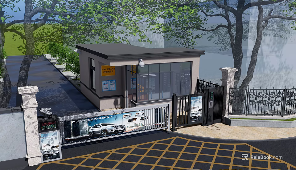 Modern Guard Booth With Gate Billboards Trees And Yellow Grid Ground 3d model 