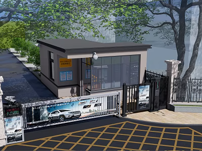 Modern Guard Booth With Gate Billboards Trees And Yellow Grid Ground 3d model