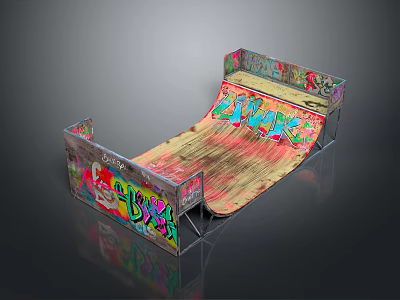 Colorful Graffiti Covered Skateboard Ramp With Wooden Surface And Metal Frame 3d model