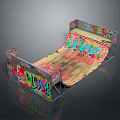 Colorful Graffiti Covered Skateboard Ramp With Wooden Surface And Metal Frame