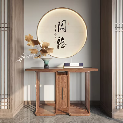 Chinese Style Entryway Console Table With Round Calligraphy Painting Vase And Dried Flowers 3d model