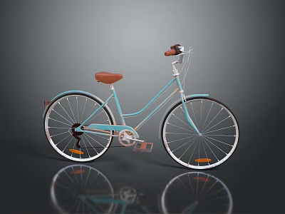 Light Blue Bicycle With Brown Seat And Wheels On Dark Background With Reflection 3d model