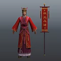 Ancient Imperial Character And Dragon Motif In Red Robe With Imperial Crown And Flag