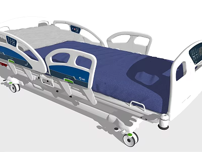 Adjustable Medical Hospital Bed With Blue Mattress White Frame Digital Control And Mobile Wheels 3d model