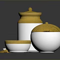 Artistic Ceramic Sculpture Carvings Featuring Yellow And White Jars With Lids And Bowls