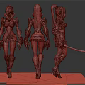 Pink Haired Female Character With Blue And Gold Armor Holding Sword Three Views