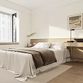 Modern Bedroom Interior With White Walls Window Curtains Bed Wooden Floor And Desk Lamp