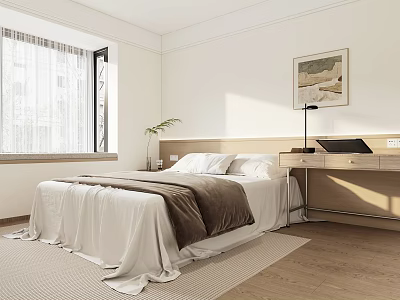 Modern Bedroom Interior With White Walls Window Curtains Bed Wooden Floor And Desk Lamp 3d model