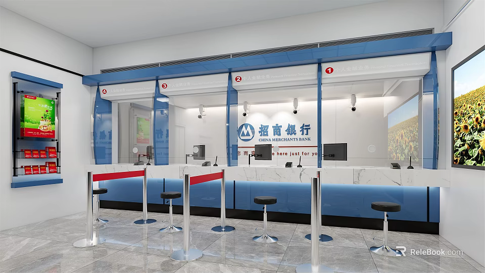 Modern Bank Interior Design With Glass Partitions Counter Logo Computers And Stools 3d model 