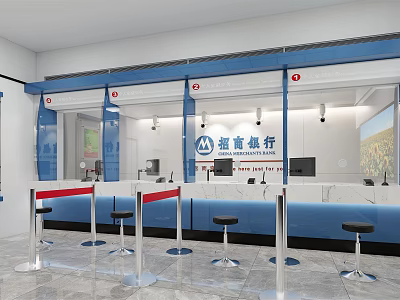 Modern Bank Interior Design With Glass Partitions Counter Logo Computers And Stools 3d model