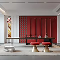 Modern Chinese Tea Room With Red Wall Long Table And Stools 3d model