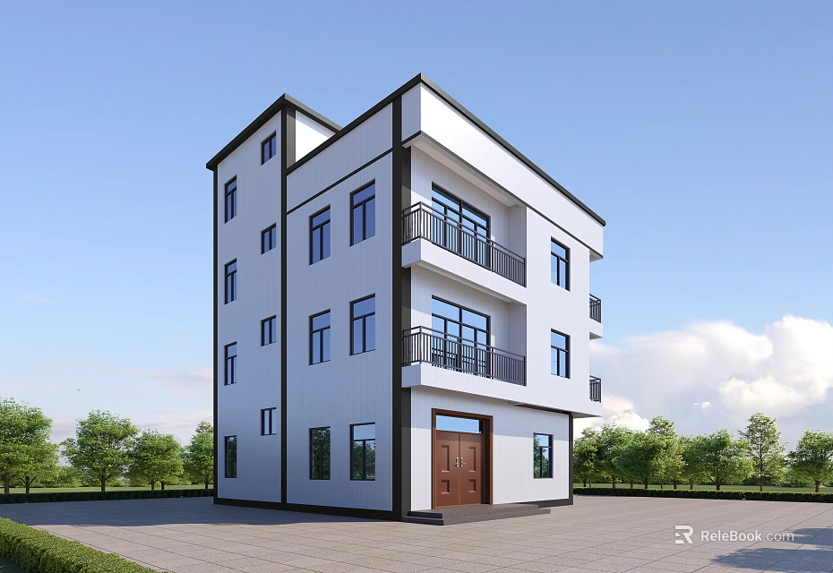 Single Family Detached Villa With White Exterior Multi Story Balconies Brown Door And Green Trees 3d model 