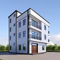 Single Family Detached Villa With White Exterior Multi Story Balconies Brown Door And Green Trees
