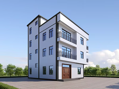 Single Family Detached Villa With White Exterior Multi Story Balconies Brown Door And Green Trees 3d model