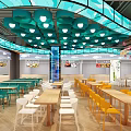 Modern Restaurant Interior With Colorful Pendant Lights Wooden Tables And Colorful Chairs
