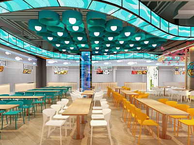Modern Restaurant Interior With Colorful Pendant Lights Wooden Tables And Colorful Chairs 3d model
