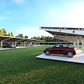 Solar Carport Structure With Solar Panels Covering Parked Cars On Green Lawn and Trees