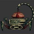 Ornate Mechanical Device With Red Teapot Top Green Structure Mechanical Legs And Golden Decorations
