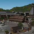 Traditional Commercial Street with Pagoda Illuminated Buildings Fountain Crowded People at Night and Mountain Views