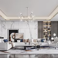 Modern Dining and Living Room Interior With Marble Surfaces Decorative Sculpture And Contemporary Furniture