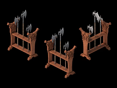 Three Medieval Wooden Weapon Racks With Axes And Decorative Shields 3d model