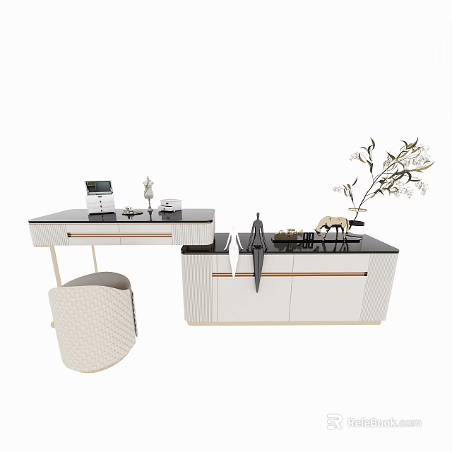 Modern White And Black Dressing Table With Stool Mirror And Decorative Items 3d model 
