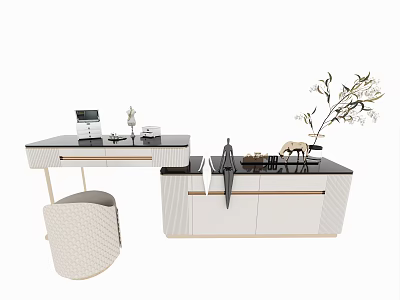 Modern White And Black Dressing Table With Stool Mirror And Decorative Items 3d model