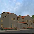 Single Family Villa Exterior With Beige Facade Red Roof Arched Portico Greenery And Car