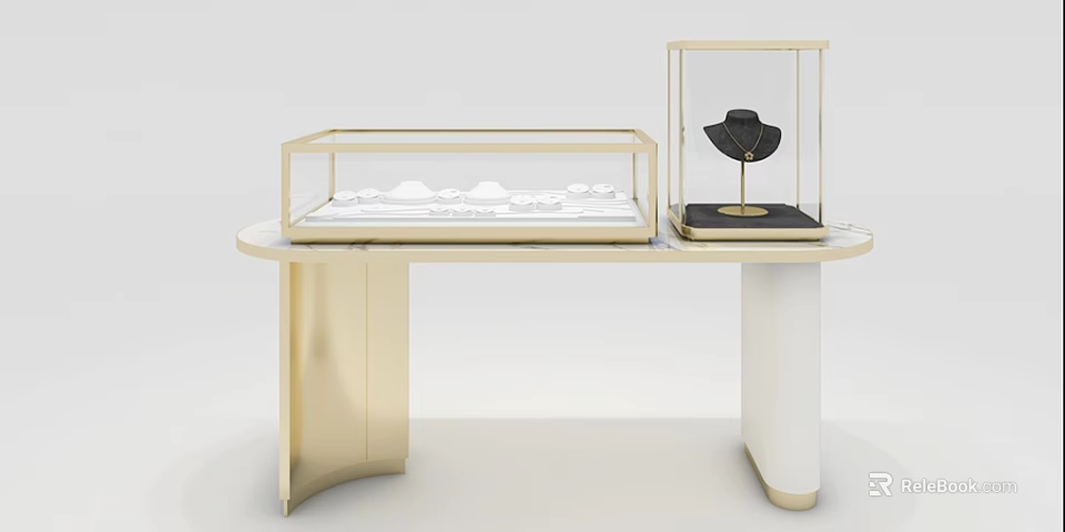 Elegant Jewelry Display Table With Glass Cases And Gold White Legs 3d model 