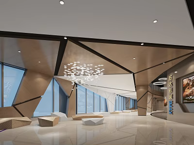 Modern Cinema Lobby With Geometric Design Lighting Seats Floor to Ceiling Windows And Movie Posters 3d model