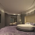 Modern Hotel Guest Room Interior With Round Bed White Bedsheets And Purple Patterned Carpet