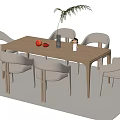 Modern Dining Table Set with Six Light Colored Chairs Wooden Tabletop and Fruits Vase Plant