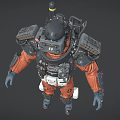 Game Movie Character in Orange Black Sci Fi Suit with Backpack Shoulder and Knee Guards