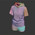 Pink Hooded Short Sleeve Top With Light Blue Shorts Fashion Outfit