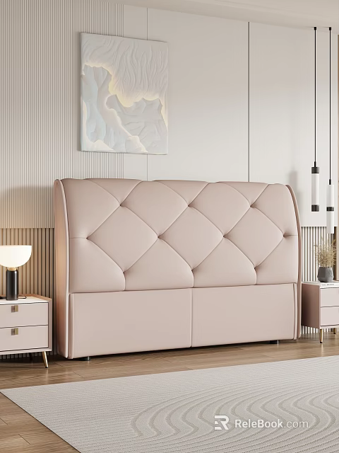 Pink Diamond Tufted Upholstered Double Bed With Nightstand Table Lamp And Wall Art 3d model 
