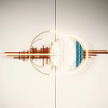 Modern Wall Decor With Circular Elements Wooden Strips And Blue White Patterns