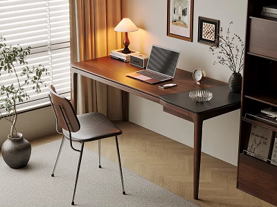 Modern Home Office Desk with Laptop Table Lamp Clock and Framed Pictures Near Window Chair 3d model