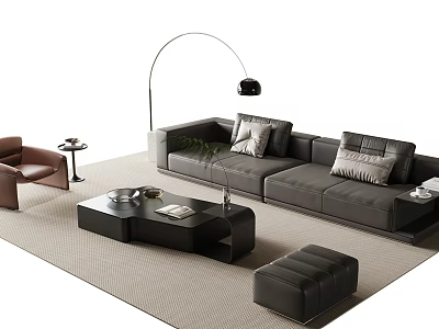 Grey L Shaped Sofa And Black Coffee Table Set With Brown Armchair Floor Lamp Ottoman 3d model