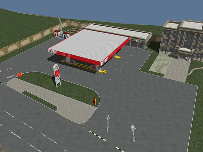 Gas Station Exterior Design Featuring Main Building Parking Area and Directional Signage 3d model