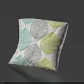 Modern Decorative Throw Pillow With Blue Gray Yellow Leaf Pattern On White Fabric 3d model