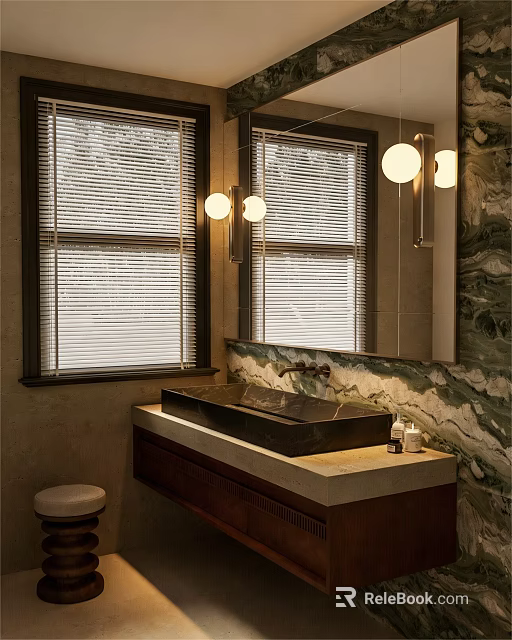 Cozy Retro Bathroom Interior Design With Marble Vessel Sink And Elegant Wall Lamps By Windows 3d model 