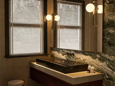 Cozy Retro Bathroom Interior Design With Marble Vessel Sink And Elegant Wall Lamps By Windows 3d model