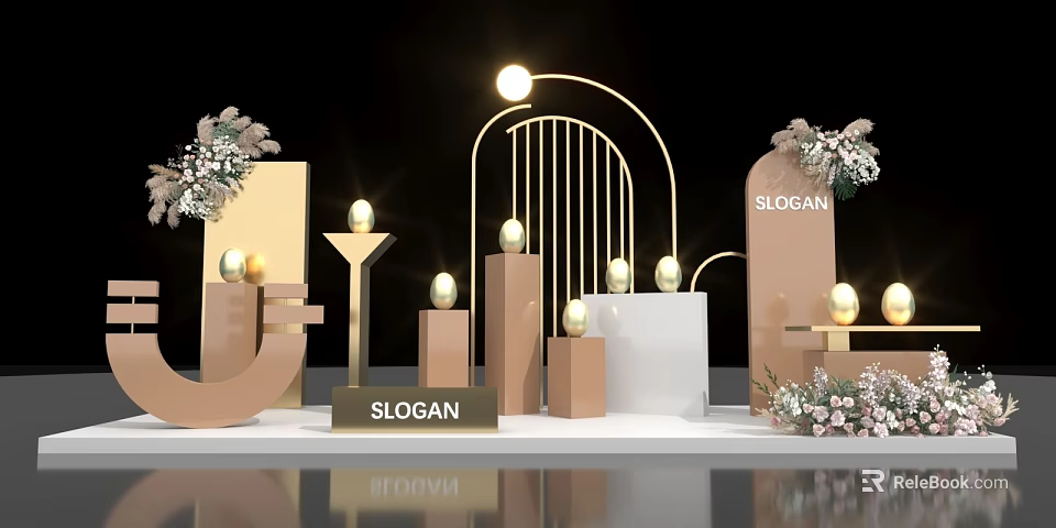 Commercial Display Equipment With Golden Curved Structure Various Height Pedestals Sphere And Floral Decorations 3d model 