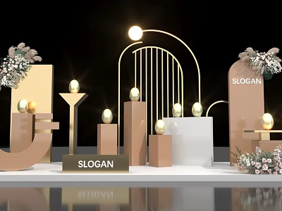 Commercial Display Equipment With Golden Curved Structure Various Height Pedestals Sphere And Floral Decorations 3d model