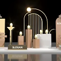 Commercial Display Equipment With Golden Curved Structure Various Height Pedestals Sphere And Floral Decorations