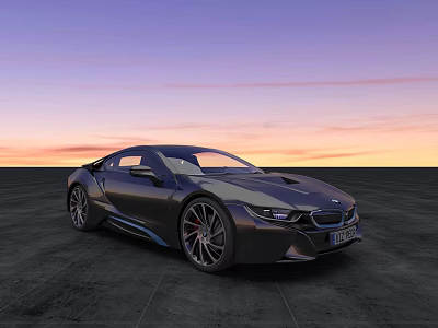 Black BMW i8 Car Parked On Empty Ground With Sunset Sky Purple Orange Clouds 3d model