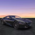 Black BMW i8 Car Parked On Empty Ground With Sunset Sky Purple Orange Clouds